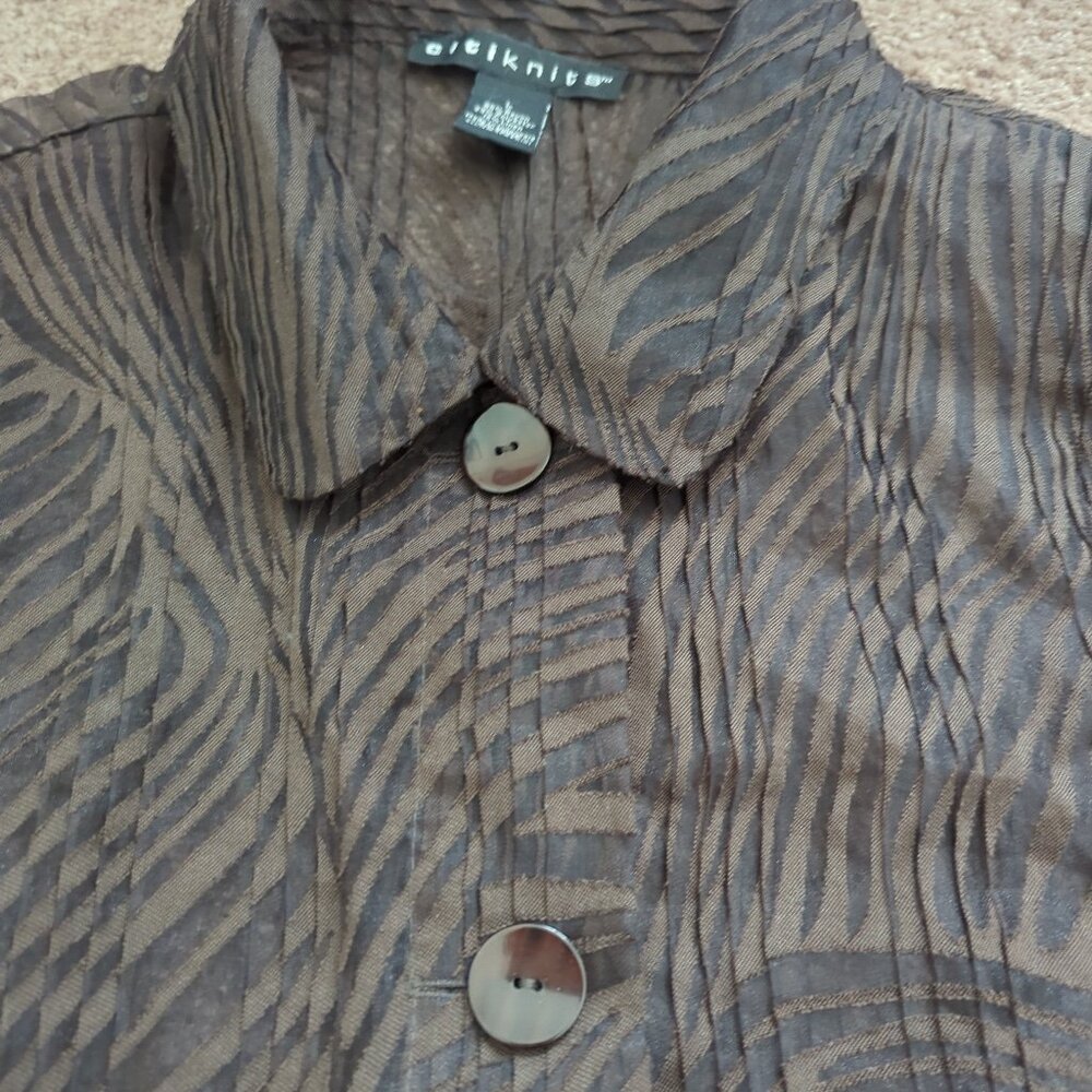 Citiknits Pleated Blouse Semi Sheer Long Sleeve Button Front Brown Large - Picture 6 of 11